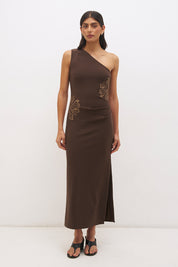 One shoulder stretch crepe midi dress with asymmetrical neckline, contrast embroidery and column silhouette with side split