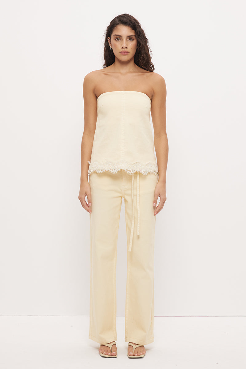 Mid-rise straight leg denim jeans with narrow waist tie and rivet detailing