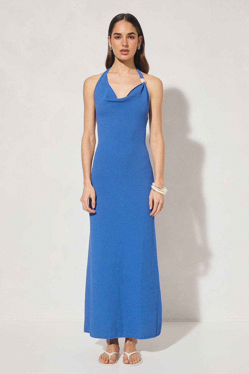 Knitted halter neck dress with asymmetrical cowled neckline, bodycon fit, contrast bead strap detail, and fit-and-flare silhouette