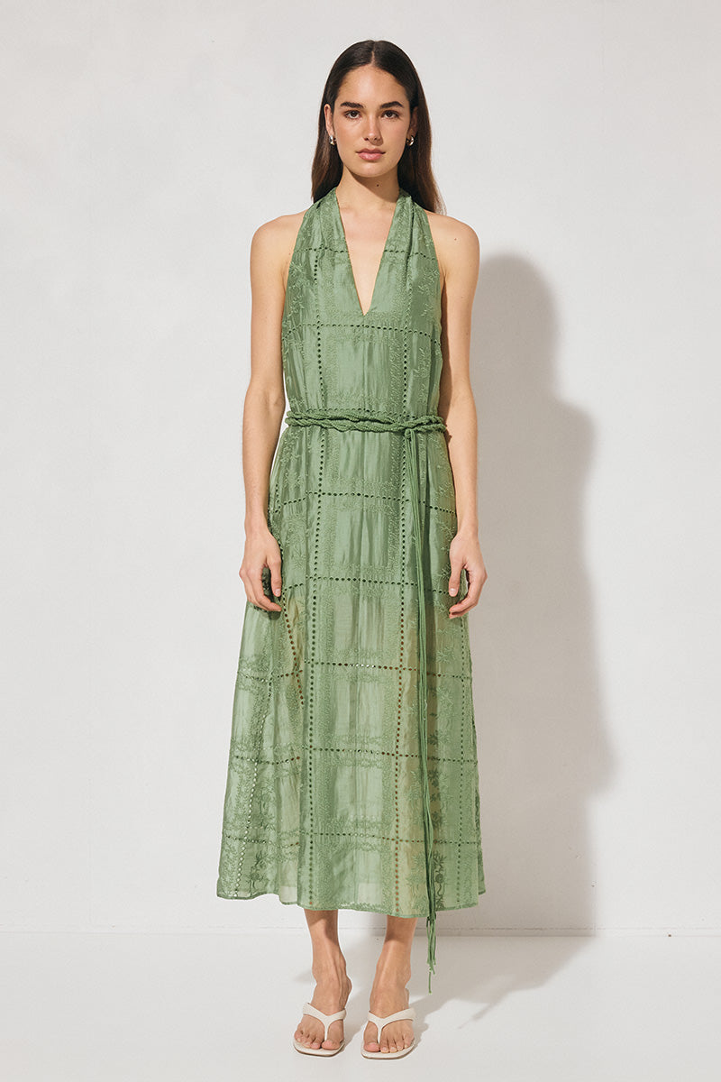 ELOWEN Halter Midi Dress in semi-sheer embroidered fabric with V-neck halter neckline, A-line swing silhouette, and removable macramé waist belt