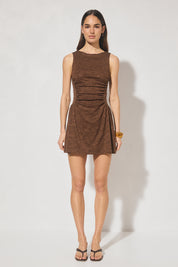 Sleeveless textured lace mini dress with fit-and-flare silhouette, narrow boat neckline, gathered bodice, and full mini-length skirt