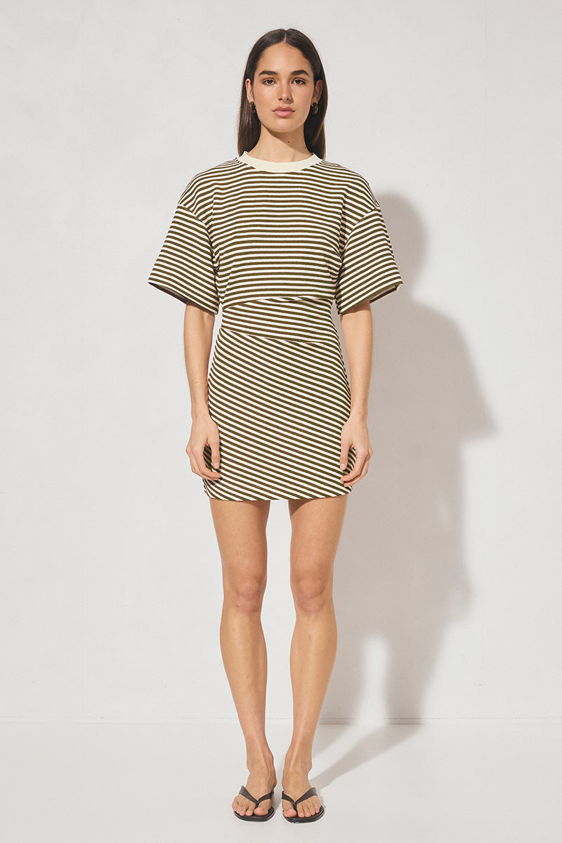 Striped bonded knit tee shirt mini dress with oversized fit, cinched waist, wide sleeves, and crew neckline