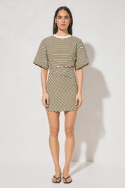 Striped bonded knit tee shirt mini dress with oversized fit, cinched waist, wide sleeves, and crew neckline