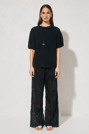 Oversized knitted tee shirt with round neckline and ribbed neck band in soft viscose-blend knit