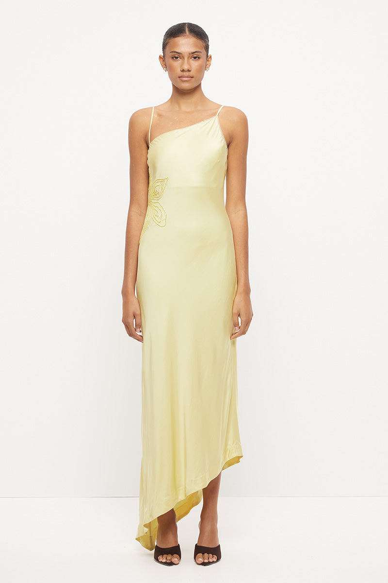 Strappy bias-cut sateen maxi dress with scalloped asymmetrical neckline and beaded floral waist motif