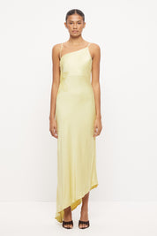 Strappy bias-cut sateen maxi dress with scalloped asymmetrical neckline and beaded floral waist motif