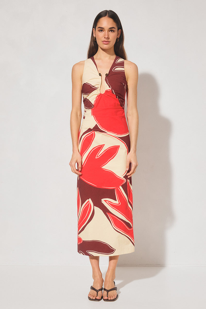 Sleeveless exclusive print cotton blend maxi dress with plunging V neckline, U-ring detail, ruched waist, fitted skirt and side split