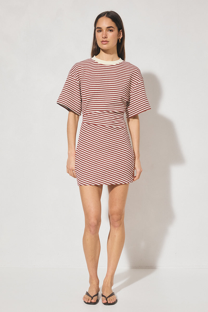 Striped bonded knit tee shirt mini dress with oversized fit, cinched waist, wide sleeves, and crew neckline