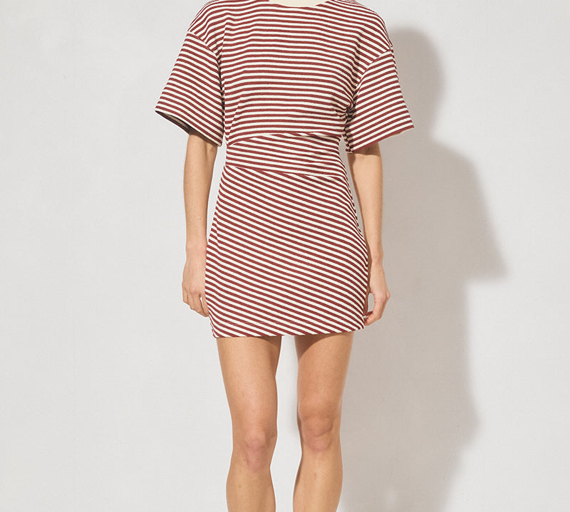 Striped bonded knit tee shirt mini dress with oversized fit, cinched waist, wide sleeves, and crew neckline