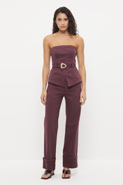 Strapless stretch denim top with tailored bodice, princess seams and contrast buckle belt