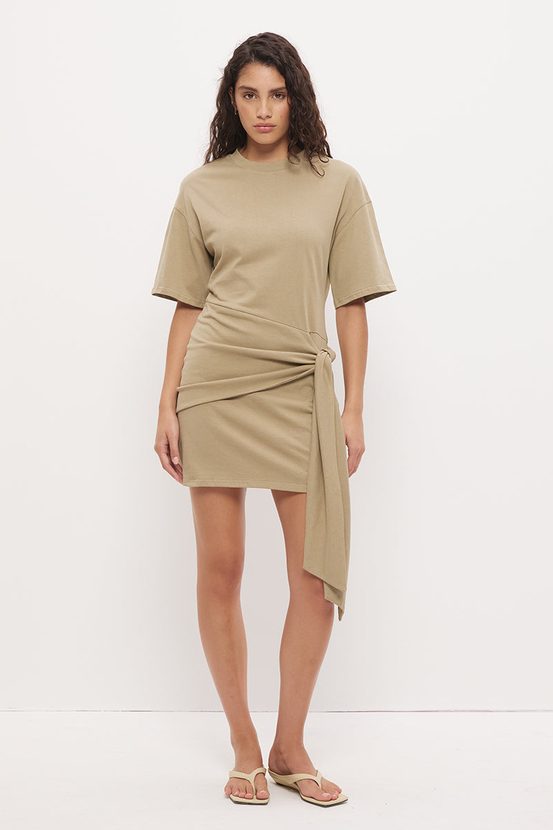 Tee shirt mini dress in cotton jersey with dropped waist and contrast tie sash