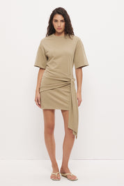 Tee shirt mini dress in cotton jersey with dropped waist and contrast tie sash