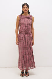 Sleeveless flocked polka dot mesh midi dress with ruched bodice, dropped waist, and fit and flare silhouette