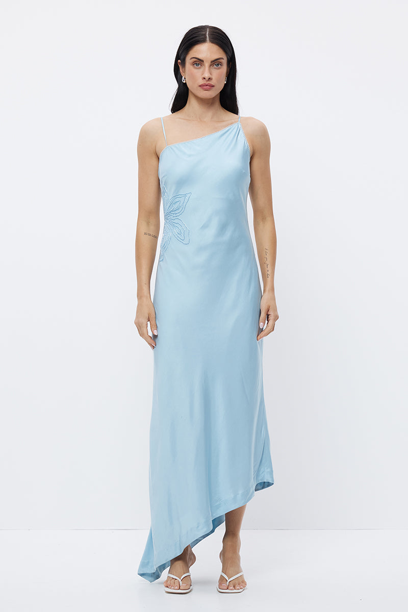 Strappy bias-cut sateen maxi dress with scalloped asymmetrical neckline and beaded floral waist motif