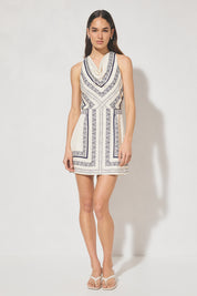 Sleeveless mini dress with handcrafted placement print, blouson bias-cut bodice, cowled neckline, and skimming mini skirt