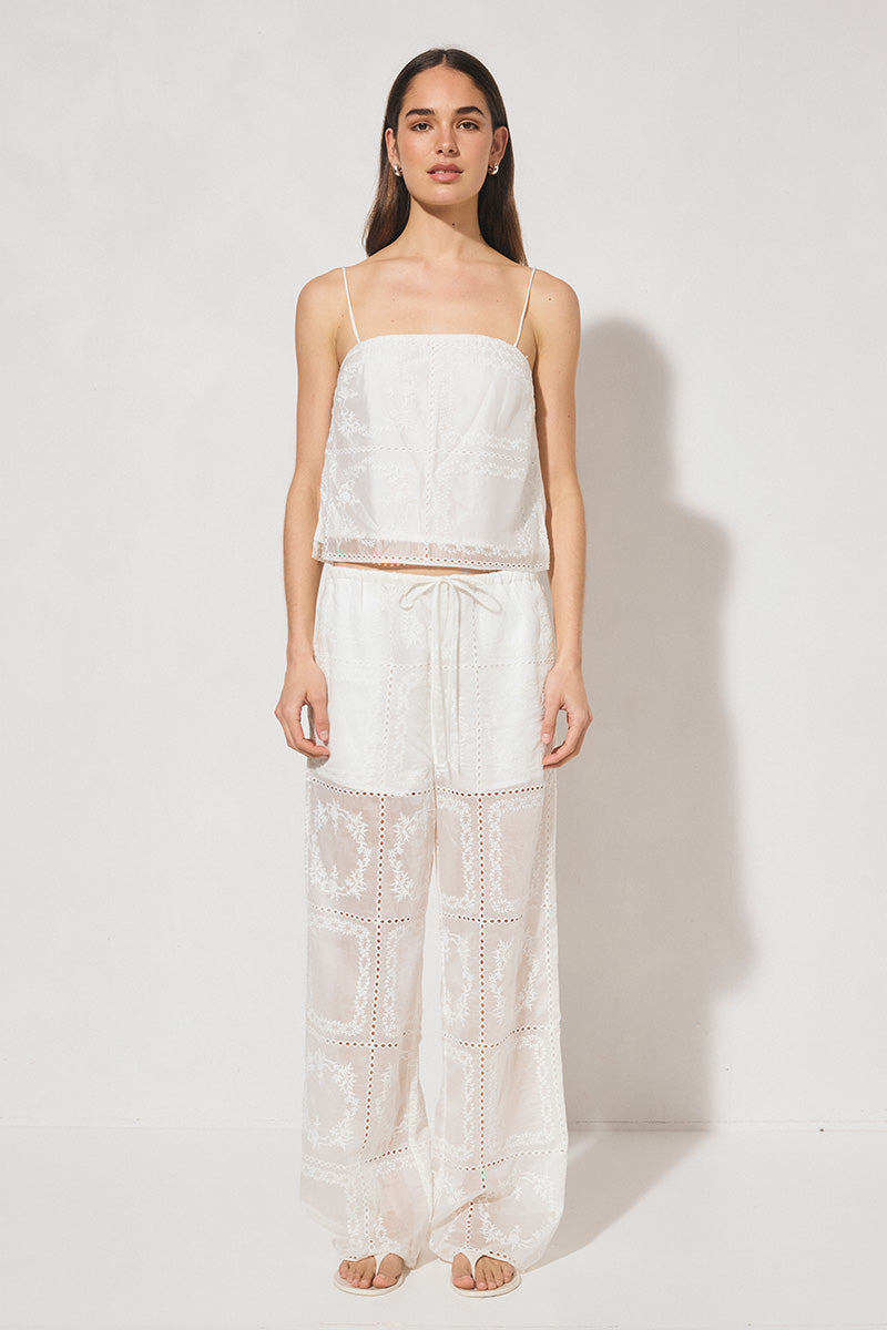 ELOWEN Relaxed Drawstring Pants in semi-sheer embroidered fabric with wide-leg silhouette, elasticated waist, drawcord, and side pockets