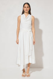 Sleeveless textured woven fit and flare midi dress with cowled neckline, ladder trim hem, handkerchief skirt, and waist sash