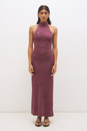 Knitted halter neck maxi dress with floral appliqué, turtleneck band, bodycon bodice and fit and flare skirt