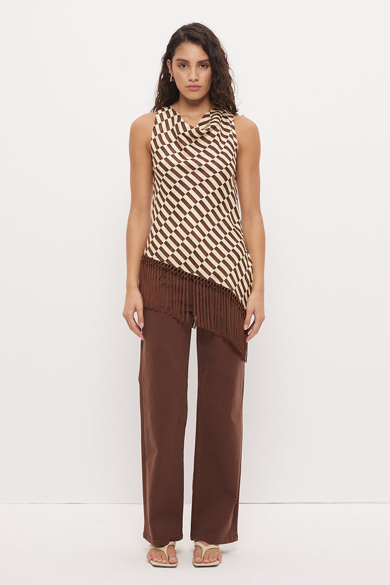 Sleeveless bias-cut longline top in brushed woven fabric with cowl neckline and macrame tassel hem