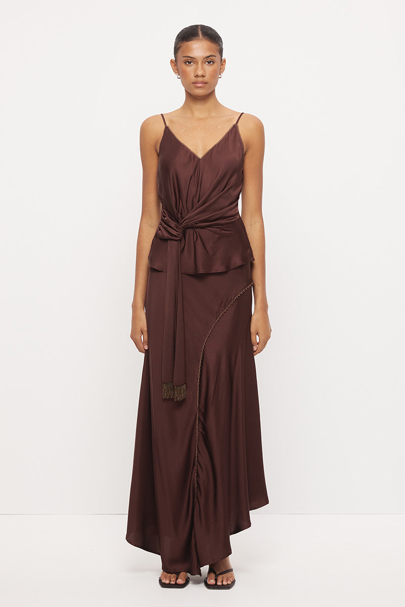 Mid-rise sateen maxi skirt with bias cut, scalloped waist trim and asymmetrical draped hem