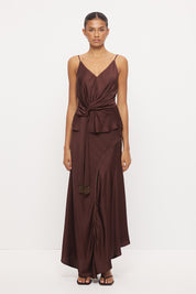 Mid-rise sateen maxi skirt with bias cut, scalloped waist trim and asymmetrical draped hem