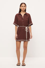 Embroidered mini shirt dress in linen blend with blouson silhouette, cornelli embroidery and rope waist tie