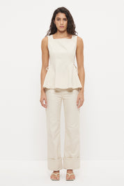 Sleeveless denim top with fit and flare silhouette, square neckline and circle cut flared hemline