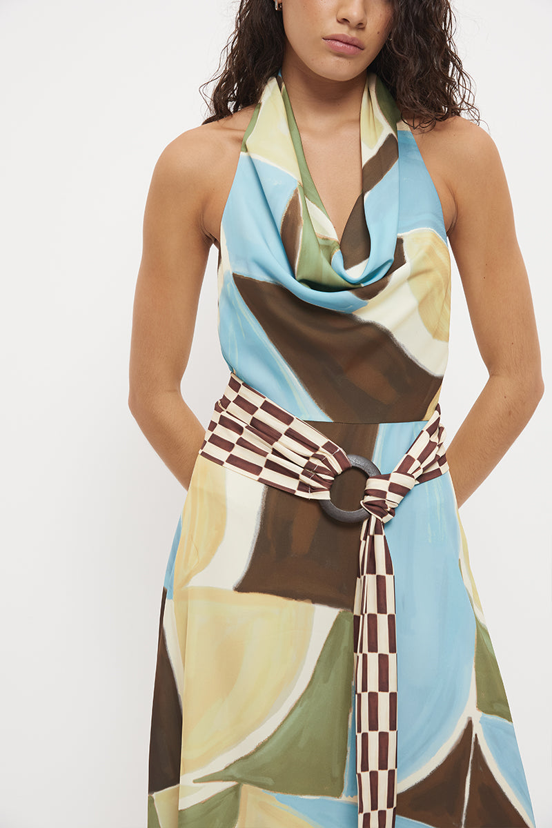 Halter neck maxi dress in sateen with cowled neckline and contrast wooden ring belt