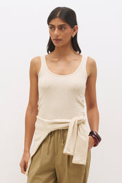 Layered cotton blend jersey top set with long sleeve slouchy top and sleeveless tank with scoop neckline