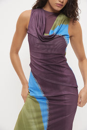 Sleeveless column dress with draped cowl neckline, asymmetric overlay bodice and exclusive handcrafted print – fitted midi length