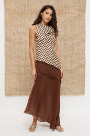 Sleeveless bias-cut longline top in brushed woven fabric with cowl neckline and macrame tassel hem