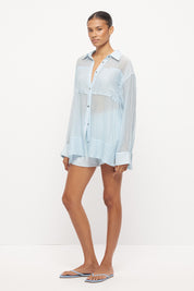 Oversized sheer crinkle long sleeve shirt with braided collar trim and knife pleated back