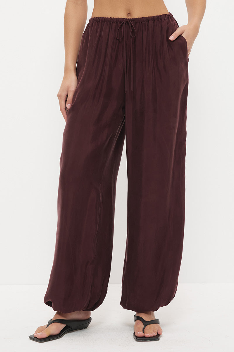 Mid-rise relaxed fit straight leg pants in brushed cupro satin with drawcord waist