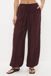 Mid-rise relaxed fit straight leg pants in brushed cupro satin with drawcord waist