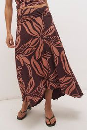 Printed asymmetrical midi skirt with gathered waistband, draped hi-lo hem, and front split in stretch modal jersey