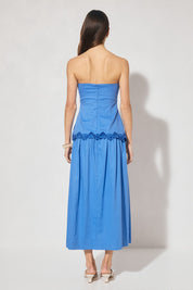 Strapless midi dress with scalloped embroidery, straight neckline, gathered bust, elasticated side panels, and full gathered fit-and-flare skirt