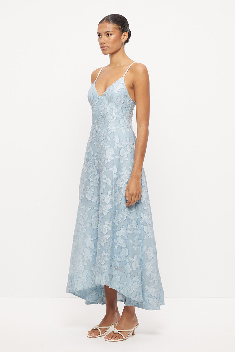 Strappy hi-lo midi dress in semi-sheer floral applique with plunging V-neckline and fit and flare skirt