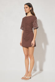  Shift mini dress in woven cotton-blend with cornelli applique, jewel neckline, short flared sleeves, and A-line skirt