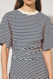 Striped bonded knit tee shirt mini dress with oversized fit, cinched waist, wide sleeves, and crew neckline
