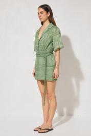 Semi-sheer embroidered mini shirt dress with V-neck notch collar, short sleeves, A-line skirt, and removable macramé waist belt