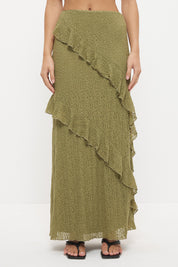 Sheer mesh lace maxi skirt with A-line silhouette, flounced frill panels and lettuce hem finish
