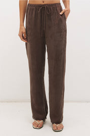 Relaxed straight leg drawstring pants in cupro blend twill with scalloped lace hem and elastic waistband