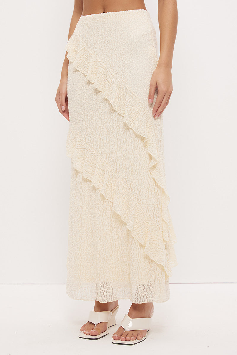 Sheer mesh lace maxi skirt with A-line silhouette, flounced frill panels and lettuce hem finish