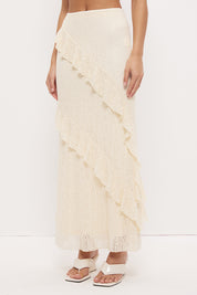 Sheer mesh lace maxi skirt with A-line silhouette, flounced frill panels and lettuce hem finish