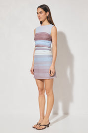 Sleeveless ombre mesh mini dress with sheer shoulder yoke, boat neckline, waist ruching and A-line skirt