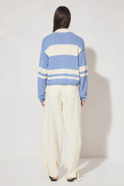 Bicolour collared knit jumper with oversized fit, dropped shoulder, V neckline, contrast polo-style collar and placket, long sleeves, and narrow rib hem finishes
