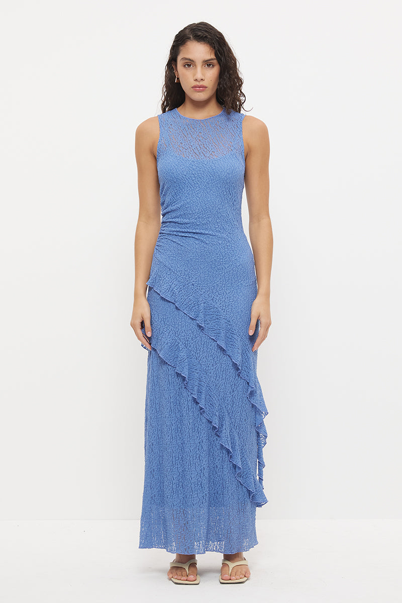 Sheer mesh lace midi dress with fit and flare silhouette, waist ruching and flounced frill hem