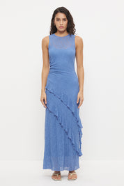 Sheer mesh lace midi dress with fit and flare silhouette, waist ruching and flounced frill hem