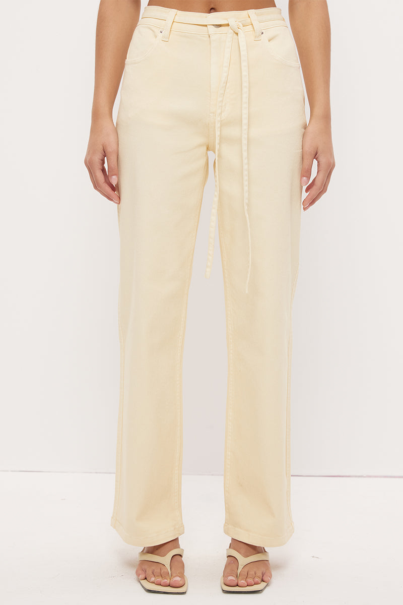 Mid-rise straight leg denim jeans with narrow waist tie and rivet detailing