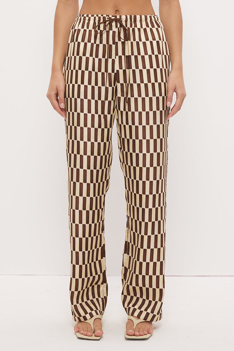 Mid-rise relaxed fit straight leg pants in brushed woven fabric with exclusive handcrafted print